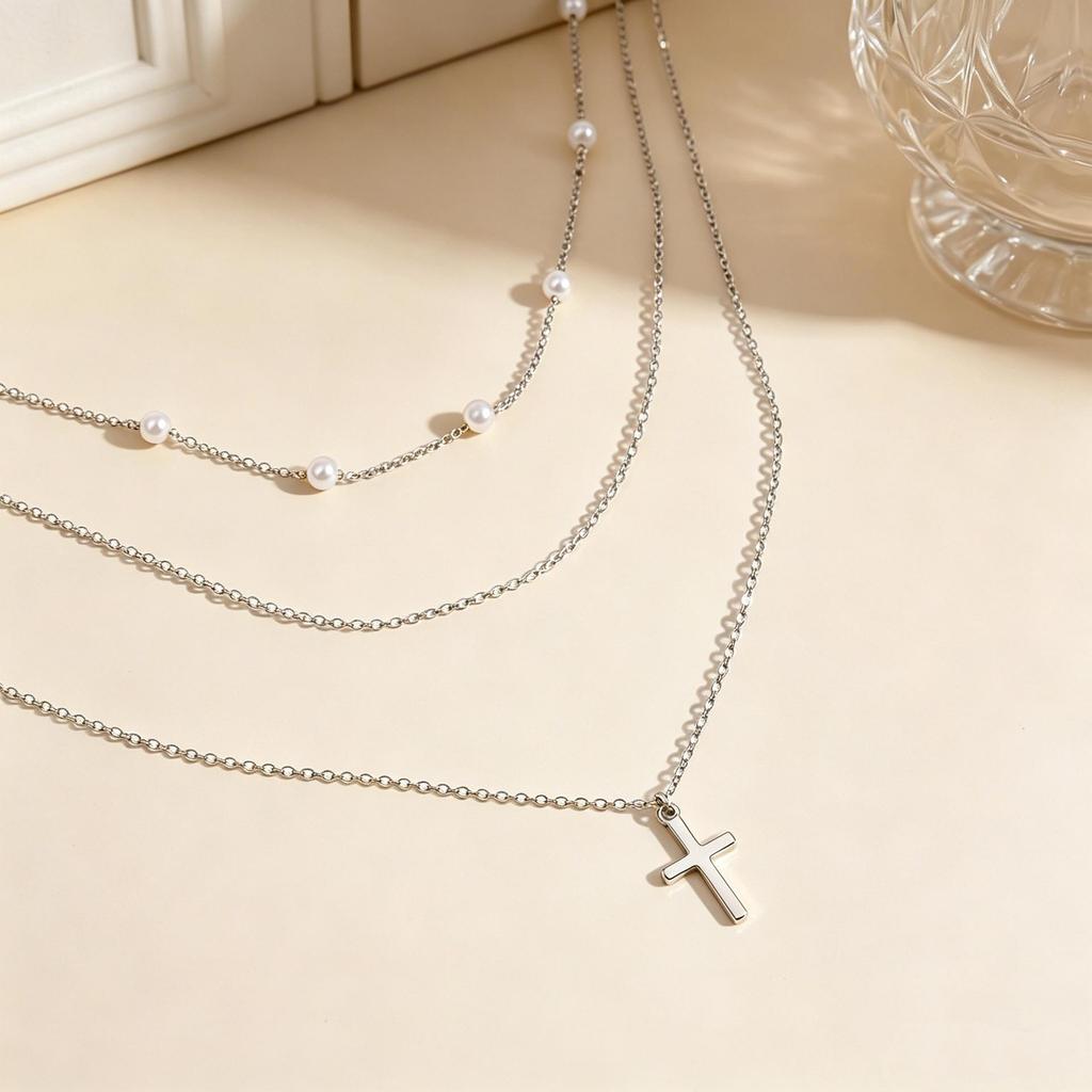 European Three-Layer Gold Beaded Cross Necklace - Fashion Bestseller