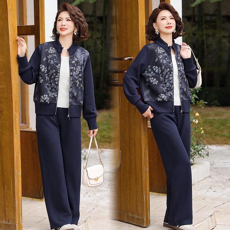 2026 Spring/Autumn Hooded Casual Jacket & Elastic Waist Pants Set for Middle-Aged and Elderly Women