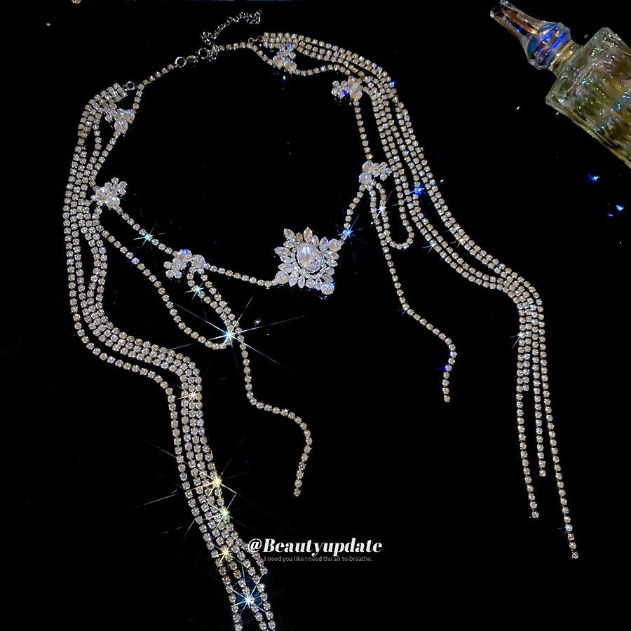Japanese-Korean Rhinestone Zirconia Tassel Necklace: Trendy, Versatile Clavicle Chain for Women