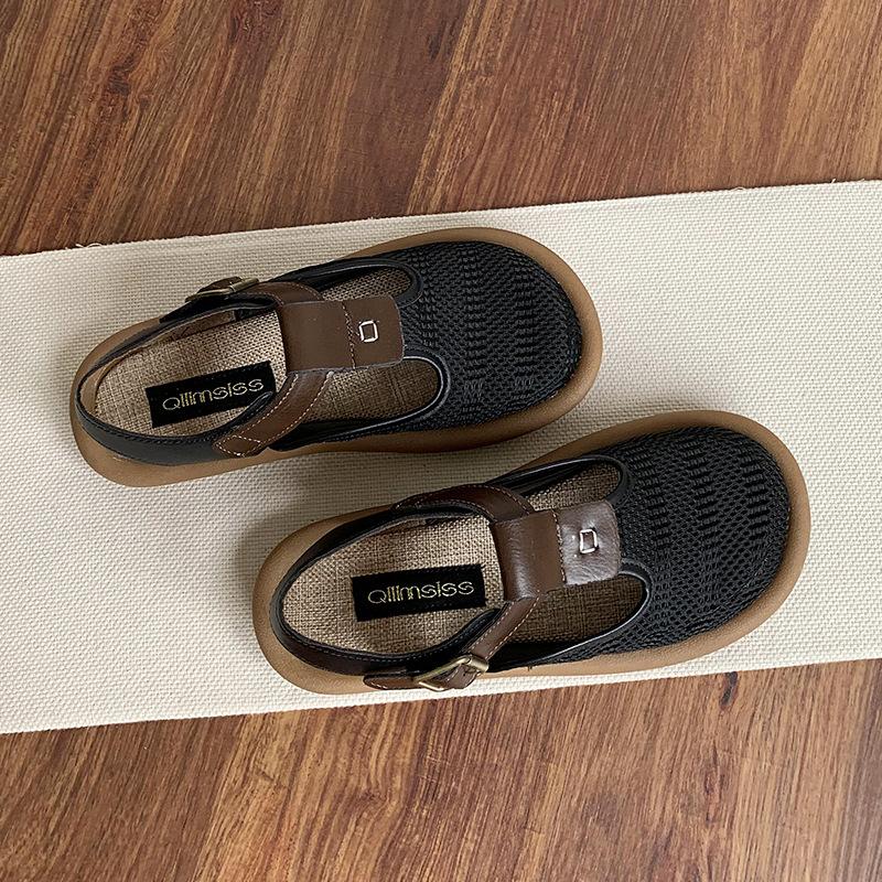 Mori Leinen Baotou Sandalen Damen Sommer Mesh Atmungsaktive Lochschuhe Oberbekleidung Mesh Baumwolle und Leinen Römersandalen