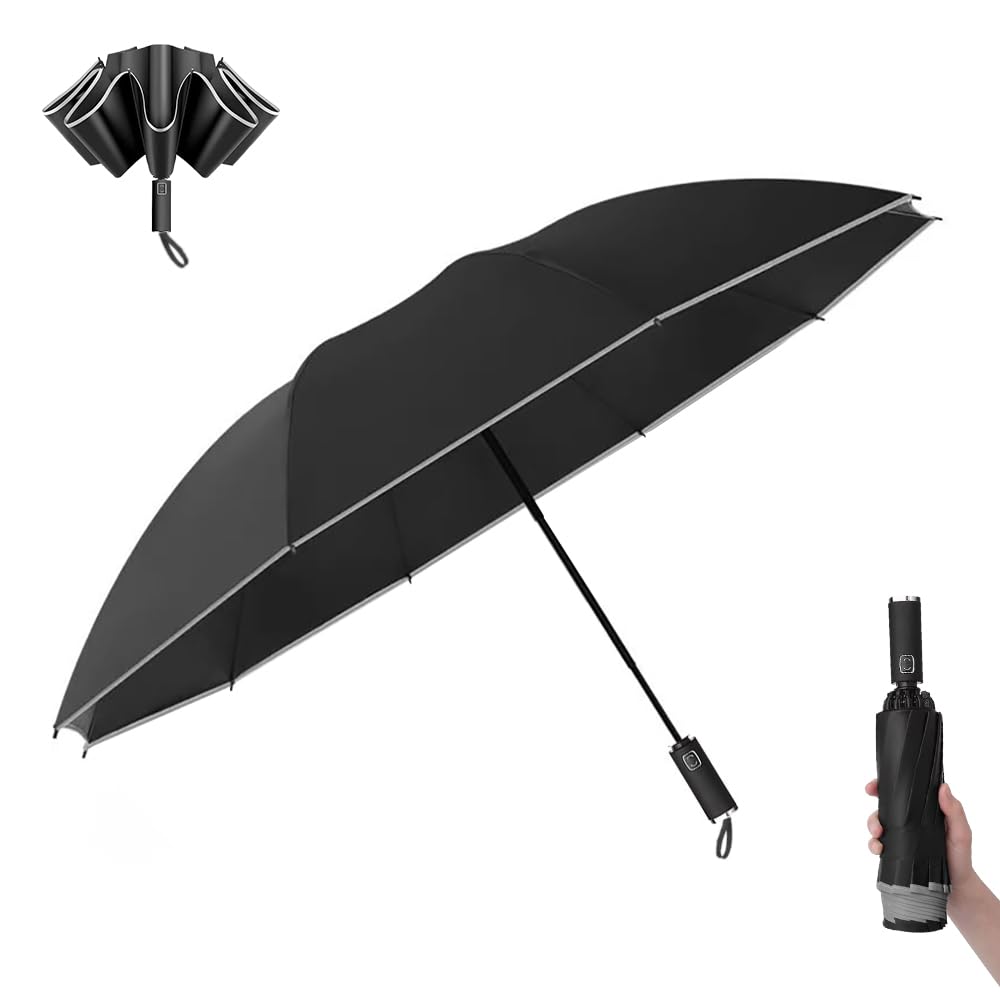 

VoloEco Большой складной зонт с автоматическим УФ-покрытием, подходит для дождя или легкого ветра, идеально подходит для дня или дня, открывание/закрывание одним касанием, ветрозащитный, водонепроницаемый,