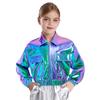 Unisex Kids Metallic Shiny Jacket Turn Down Collar Long Sleeves Flap Pockets Dance Coat