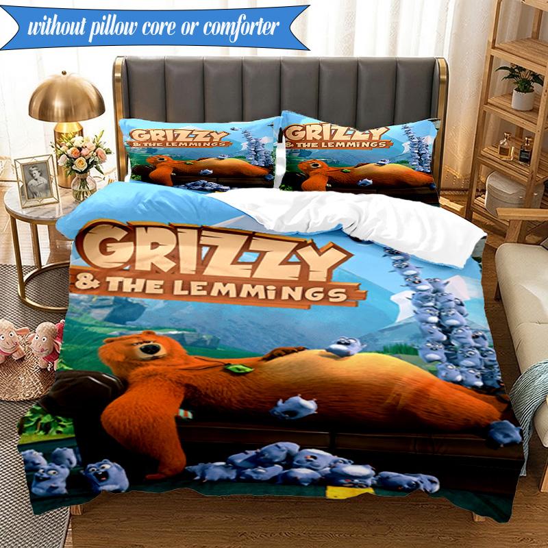 Bear And Blue Critter Adventure 3pcs K-pop music group Bedding set,Ideal for Bedroom, Dormitory,Including Duvet Cover And 2pcs Pillowcases,Fan gifts