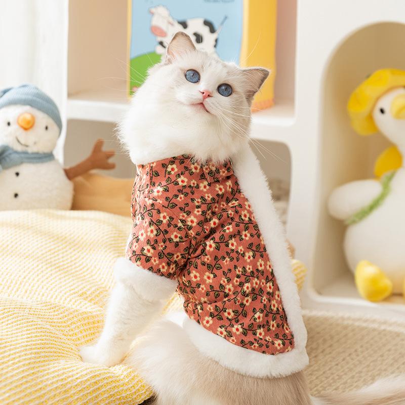 Northeast flower padded jacket floral cat clothes autumn and winter warm velvet bipod dog teddy than bear pet padded coat