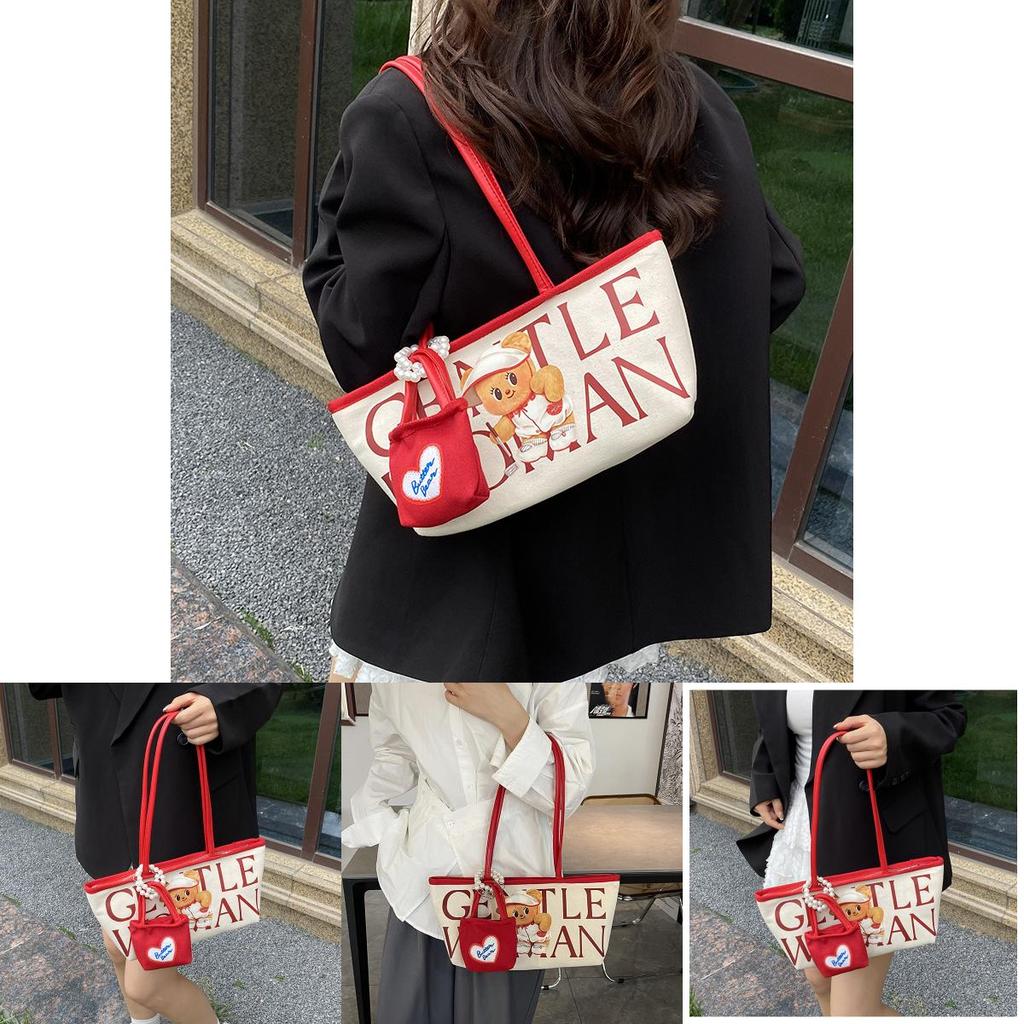 Small Bear Letter Bag Women Large Canvas Casual Commuting Bag For School And Work