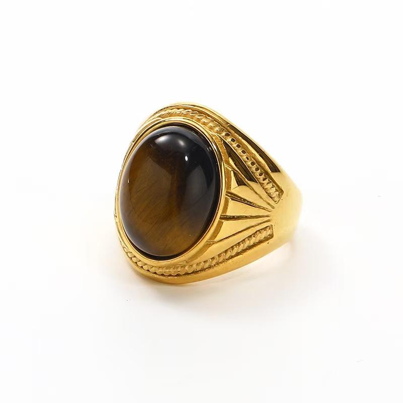 Cool Mens Stainless Steel Gold Plated Natural Tiger Eye Stone Ring Size 7-15