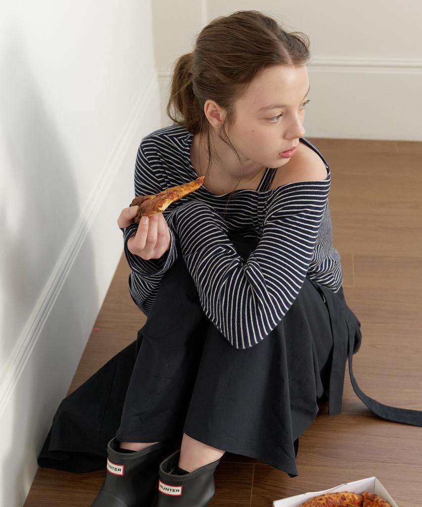CLUNY Offset Shirring Stripe Top - Navy