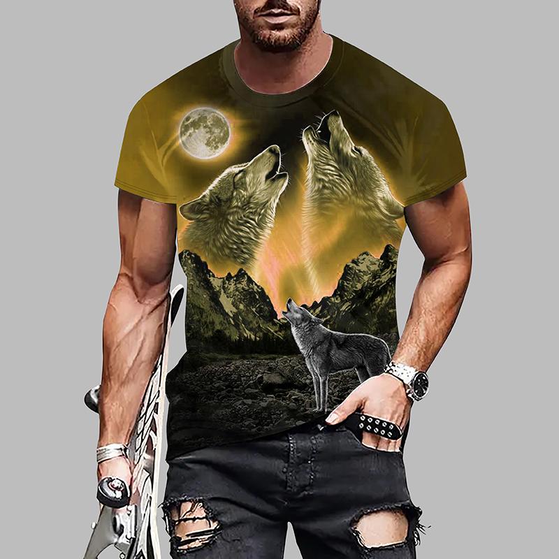New Summer Men's Fashion T-shirt Personality Wolf Printed Men's T-shirt Top