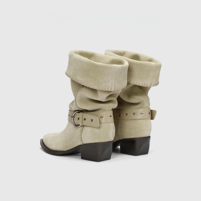 Retro Mid-Tube Spitzstiefel 2025 Herbst und Winter Neu Einfarbig Ritter Kurze Stiefel Mittelhoch Absatz Plissee Western Cowboy Stacking Stiefel