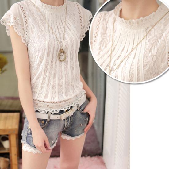 Plus Size Women Fashion Lace Crochet Short Sleeve Round Neck Blouse Shirt Top