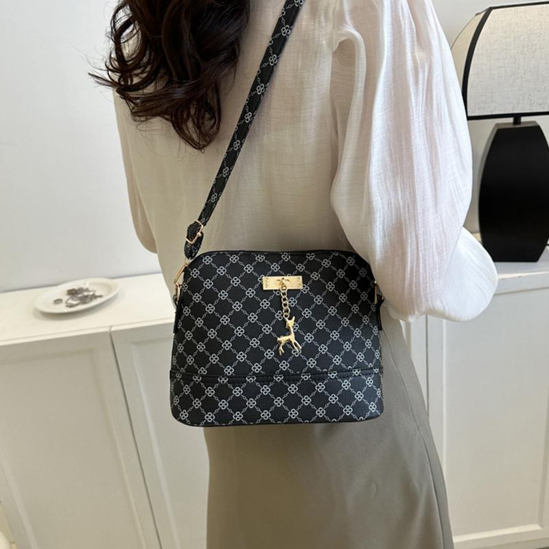 Yogodlns Yeni Moda Retro PU Deri Küçük Kabuk Omuz Çantası Günlük Geyik Kolye Dekor Çapraz Askılı Çanta Vintage Baskılı Fermuarlı Kadın El Çantası