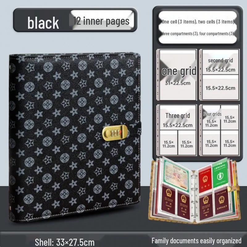 A4 Large Capacity Family Document Organizer with Transparent Pages for Birth Certificates and Household Registers