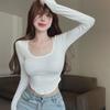 Chic U-Neck Irregular Hem Slim Fit Long-Sleeve T-Shirt