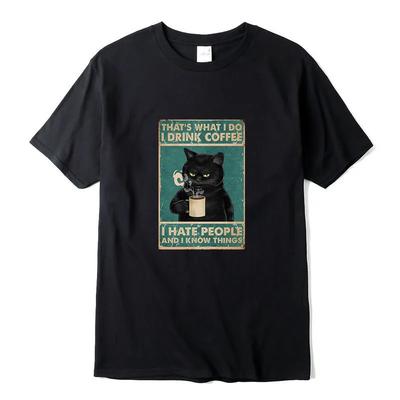 Men's T-shirt High Quality 100% Cotton Funny Cat Drinking Coffee Printing Summer Casual Cool Loose Men O-neck T-shirt Male Tops