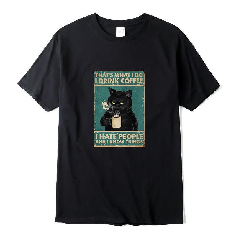 Men's T-shirt High Quality 100% Cotton Funny Cat Drinking Coffee Printing Summer Casual Cool Loose Men O-neck T-shirt Male Tops