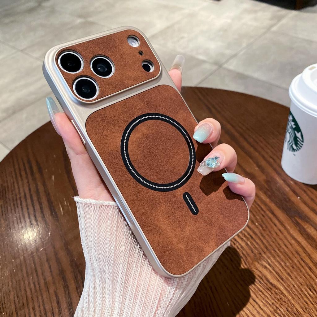 Luxury Business PU Leather Phone Case For iPhone 17 Pro Max 16 15 14 13 Pro for Magsafe Large Lens Shockproof Protect Back Cover