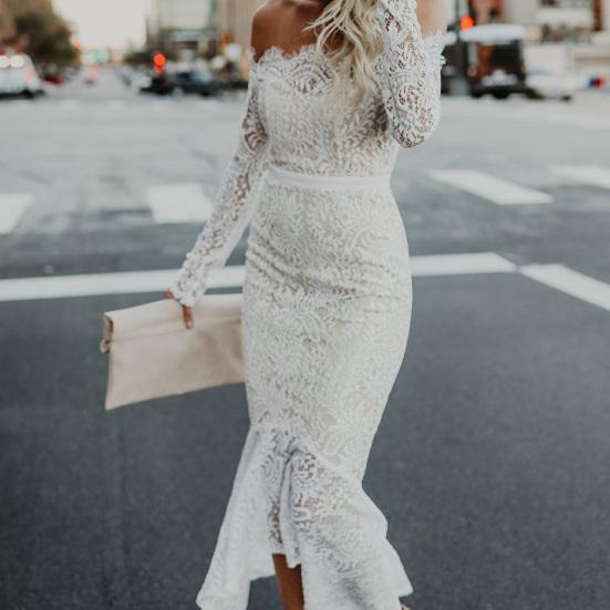 Sexy Frauen Langarm Off Schulter Spitze Meerjungfrau Cocktail Hochzeit Bodycon Kleid
