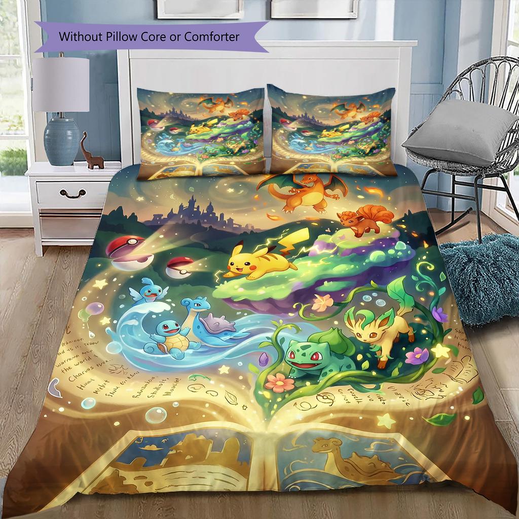 Starter Pokemon Art Bedding Set, 1 Duvet Cover & 2 Pillowcases, Suitable for Home Decor, Ideal Gift for Fans