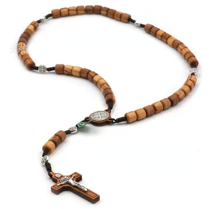 Rosario in Legno d'Olivo Collana Cattolica Medaglia di San Benedetto Crocifisso Croce Regalo Donne Uomini Cattolico