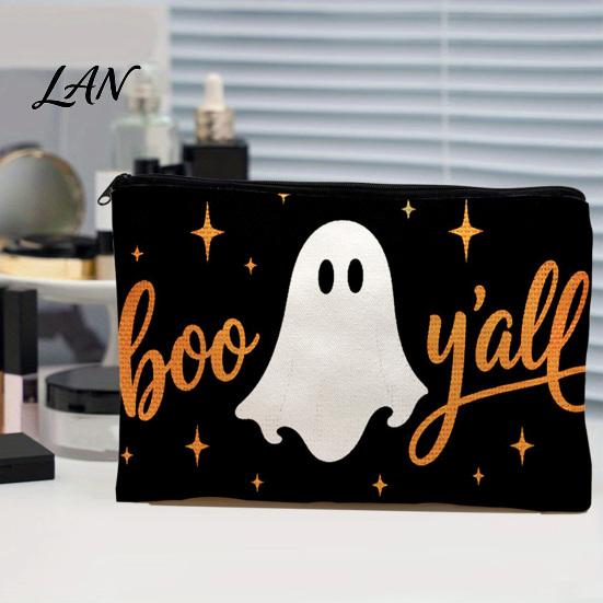 Durable Data Cable Organizer Cosmetic Bag, Halloween Pattern Print Makeup Canvas Cute Storage Bag Zipper Pouch, for Change Washable Pencil Case