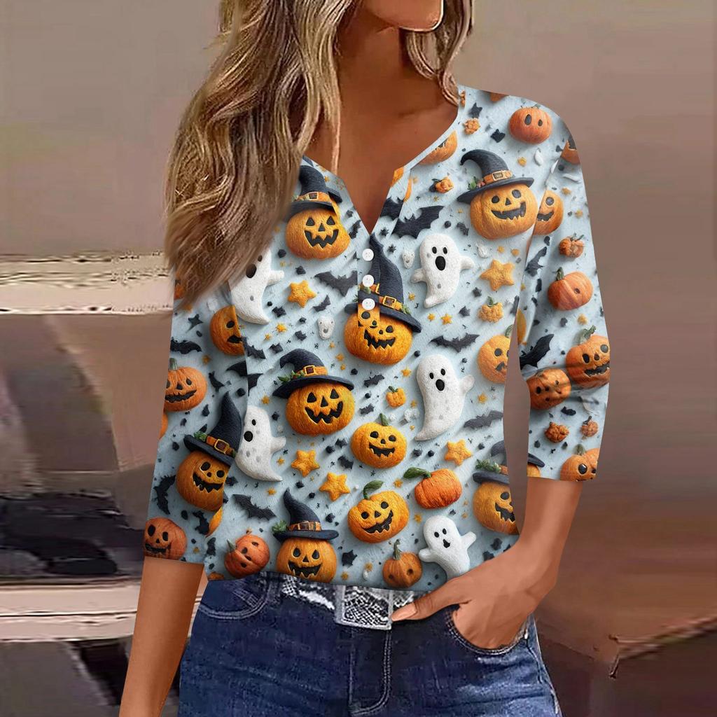 Women's T Shirt Tee Halloween Printed Button 3/4 Sleeve Tunic Daily Weekend Fashion Basic V- Neck Regular Top