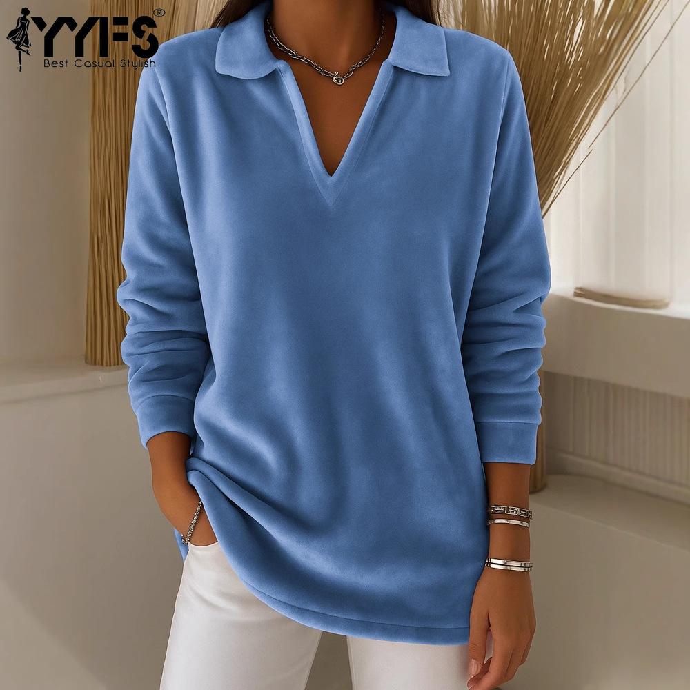 YYFS Women's Fashion Casual Solid Color Print Spring Fall Long Sleeve POLO Neck Pullovers & Long Sleeves