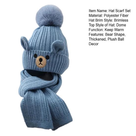 2Pcs/Set Children Hat Scarf Set Plush Ball Decor Bear Pattern Thickened Soft Touch Windproof Kids Knitting Hat Long Scarf Set