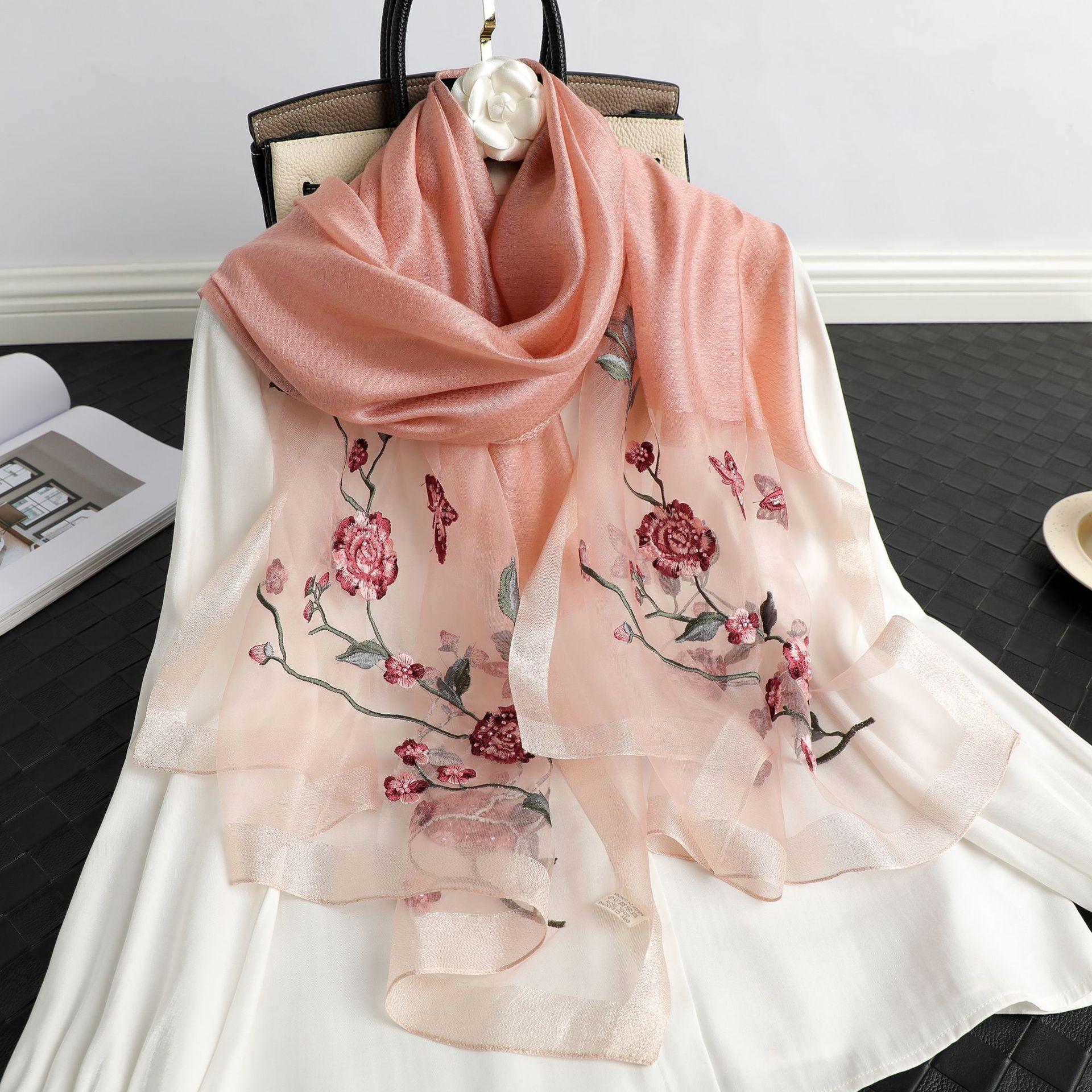 

Lady Floral Embroidery Silk Wool Scarf Luxury Plaid Women Hijab Female Beach Stoles Shawl Wrap Headbands Scarves Bandana 70x180cm