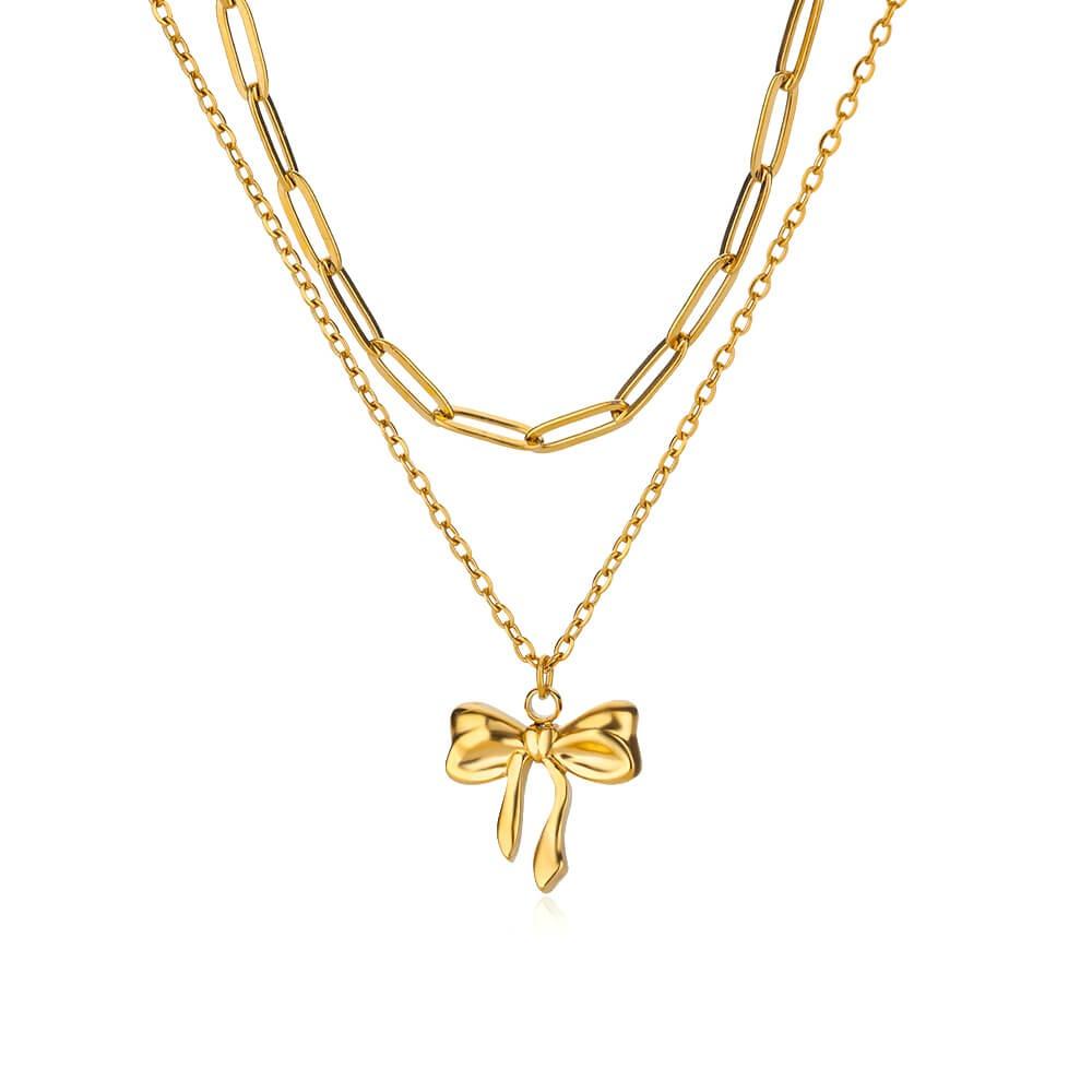 Stainless Steel Bowknot Lucky Necklace For Women Gold Color Korean Necklaces Female Aesthetic Choker Jewelry Daily Accessories