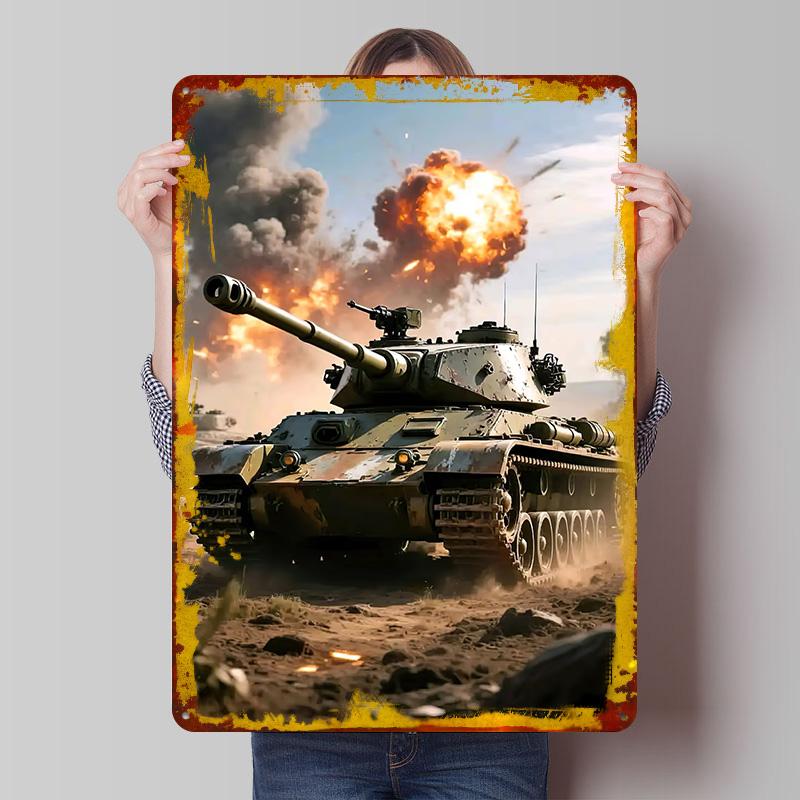 Tank In Action With Explosion Poster Customized Wall Art Vintage Metal Signs Retro Tin Plaque for Man Cave Decoration At Home