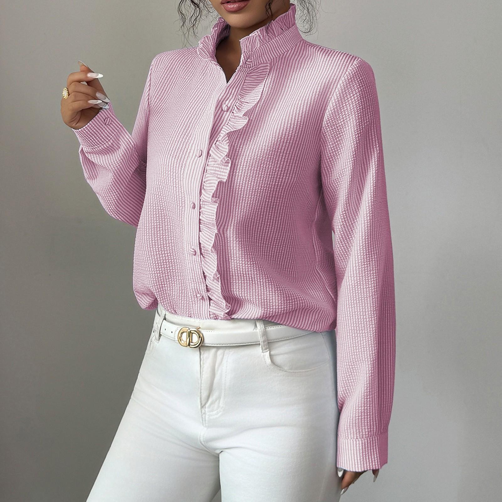 

Женская полосатая рубашка на пуговицах, длинные рукава, оборки на манжетах, свободная рубашка бойфренда, воротник с оборками, топ без карманов для комбинезона M