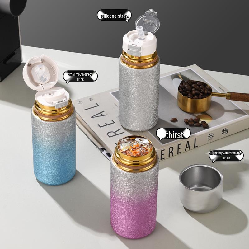 Trendy Titanium-Coated Pocket Thermos: Ice Flower Straw Cup – Cute, Compact, and Portable for Outdoor Use