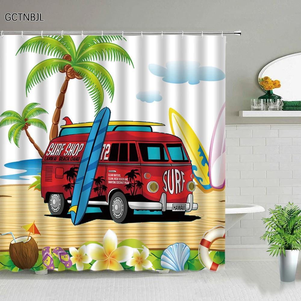 

Cartoon Summer Travel Shower Curtain Camper Skateboard Ocean Coconut Landscape Polyester Fabric Home Decor Hook Bathroom curtain 90x180cm-35x70in