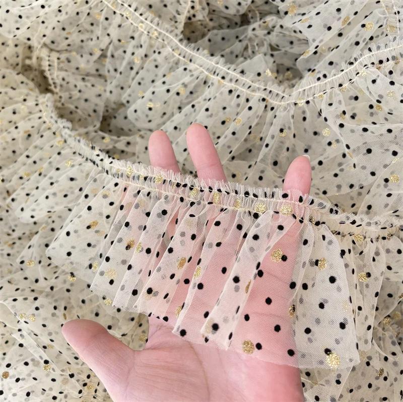 3 metry/partia 8 cm szerokości beżowa siatka czarna kropka tkanina/brązowe złote kropki plisy koronkowe wykończenie akcesoria do sukienki dla zwierząt/lalek