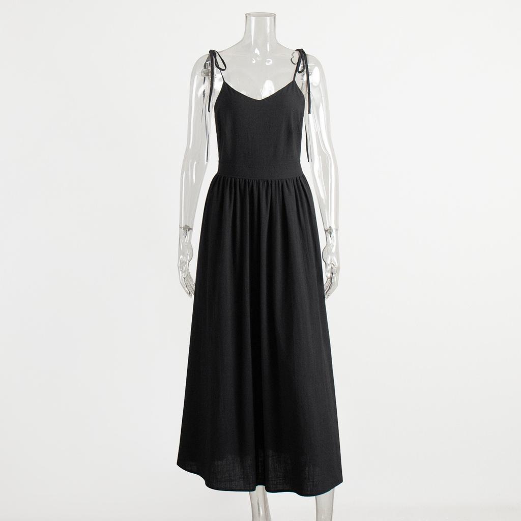 Spring New 100% Cotton V-neck Cami Dress, Women's Elegant Sexy Tie-back Open Back Dress, Cross-border European American Style
