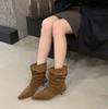 European and American fashion rivet pleated piled boots women's 2025 new suede small square heel temperament short boots
