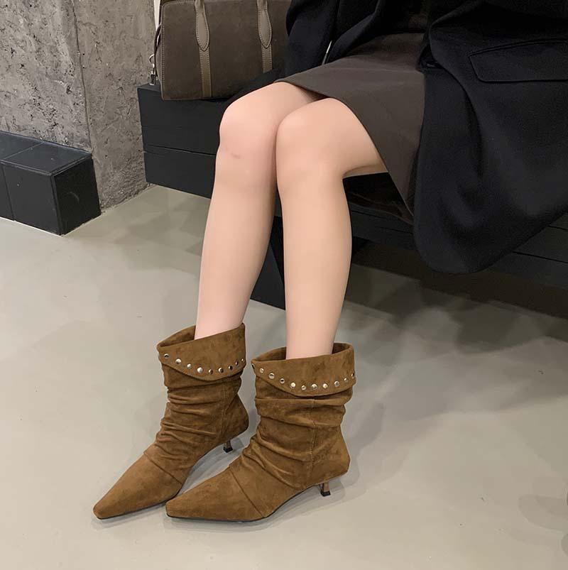 European and American fashion rivet pleated piled boots women's 2025 new suede small square heel temperament short boots