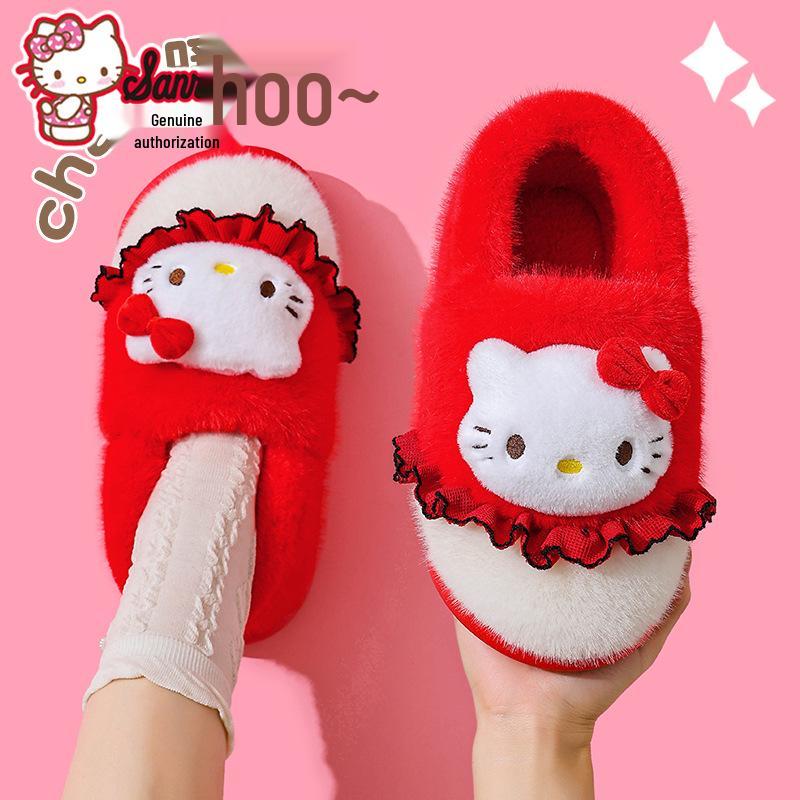Papuci de bumbac de pluș pentru femei și copii Sanrio Kuromi - Caldi toamnă/iarnă cu talpă groasă, pantofi de casă părinte-copil