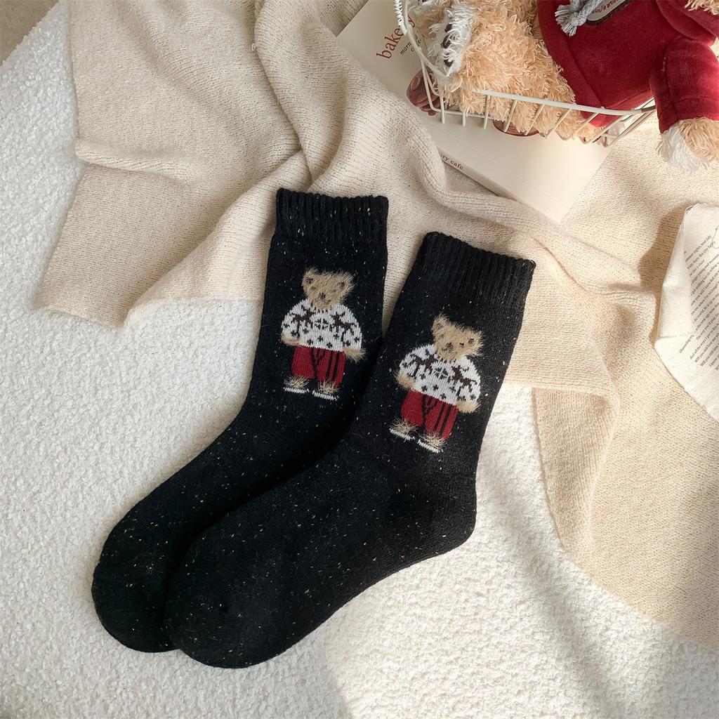 Thick Wool Mid-calf Socks for Autumn and Winter, Retro Dot Yarn, Fluffy Little Bear Long Socks, Warm and Cute Cartoon Trendy Socks