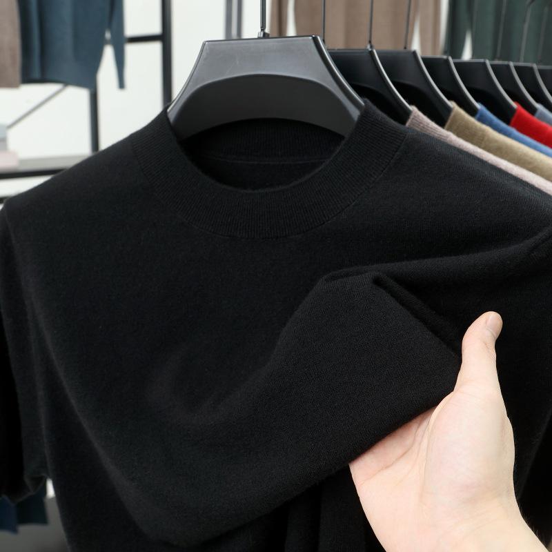 Men's 100% Wool Round Neck Sweater - Solid Color, Long Sleeve, High-End Casual Base Layer for Autumn/Winter