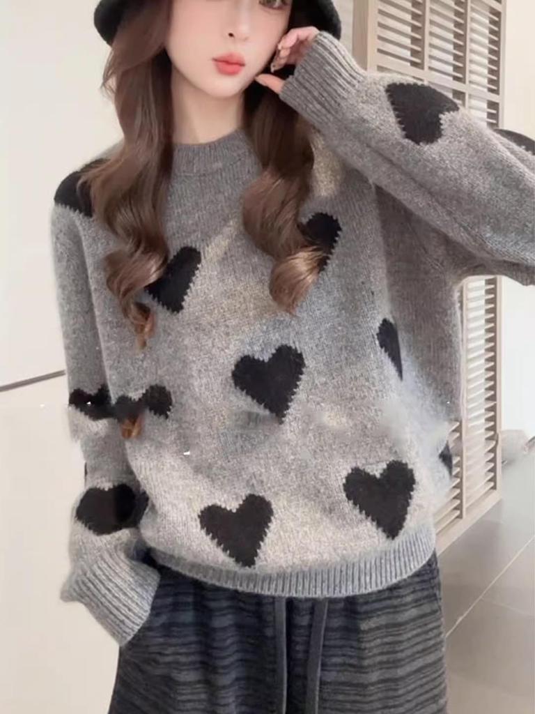 Women's Cute Love Heart Pullover: Soft, Fluffy, Loose Sweater for Autumn & Winter; Wear Alone or as a Base Layer.