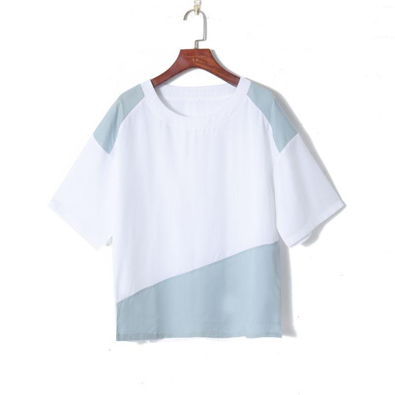 

Женская модная футболка свободного кроя с панелями в корейском стиле White Blue Patchwork XL