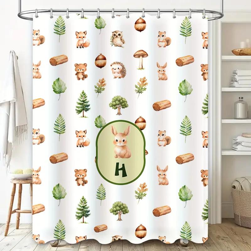 Süßer Duschvorhang mit Tierprint, Wasserdicht, Heimdekoration für Badezimmer, Thema Grünzeug Waldtiere mit Füchsen, Bären, Eichhörnchen Design