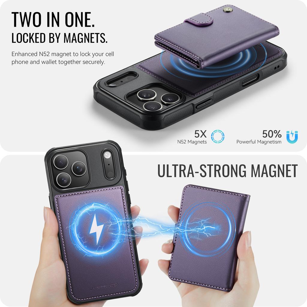 For iPhone 17 Pro Case JEEHOOD J09 RFID Blocking Card Holder Leather Back Phone Cover Compatible with MagSafe