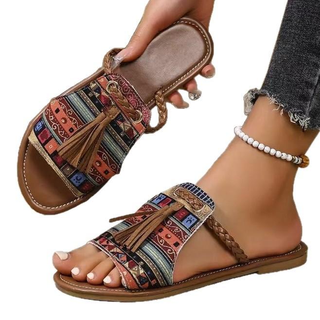 Fashion Low Beach Shoes Woman's Slippers Fringe Big Size Slides Sabot 2025 Flat Summer Fabric Rubber Hoof Heels PU Shoes Big Size Low Fr