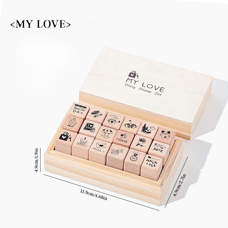 Daily Life 18 Pcs Wood Seal Set Box Diy Diary Decoration Material Stamp Wooden Box 4 Options Wooden Seal Gift