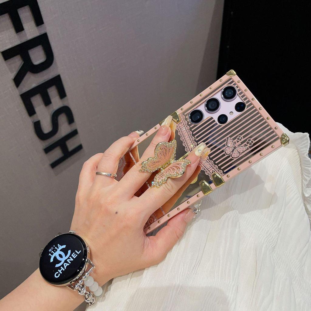 Diamantový držák pouzdro na telefon Samsung S24 s kosmetickým zrcátkem a čtvercovým ochranným krytem