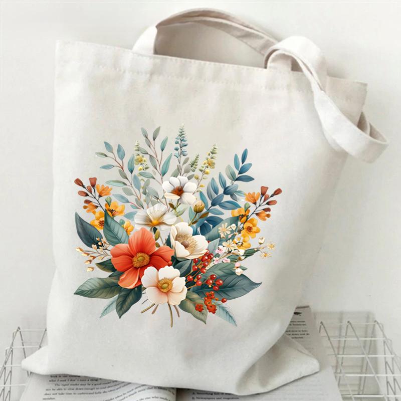 Elegant Wildflowers Aesthetic Canvas Handbag Reusable Floral Shopping Tote Bag for Women