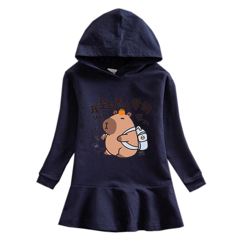 Girls' Ruffle Rainbow Hoodie Dress - Long Sleeve, Pleated, Princess Style