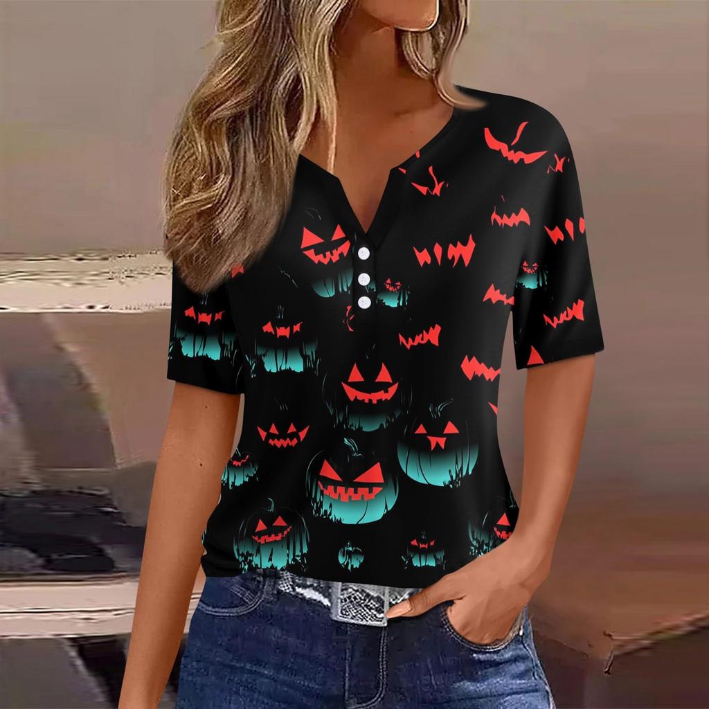 Women's T Shirt Tee Halloween Printed Button Short Sleeve Tunic Daily Weekend Fashion Basic V- Neck Regular Top